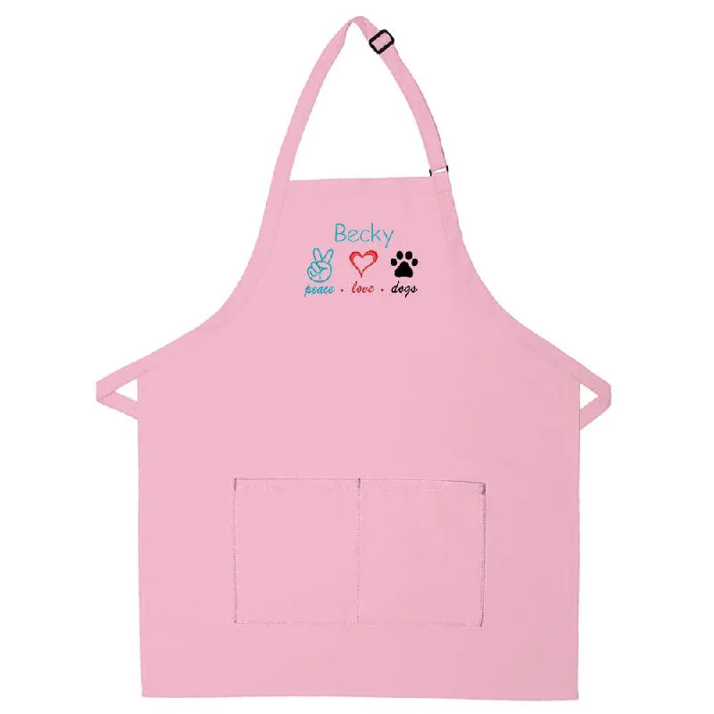 Personalized Apron Embroidered Peace Love Dogs Design Add a Name