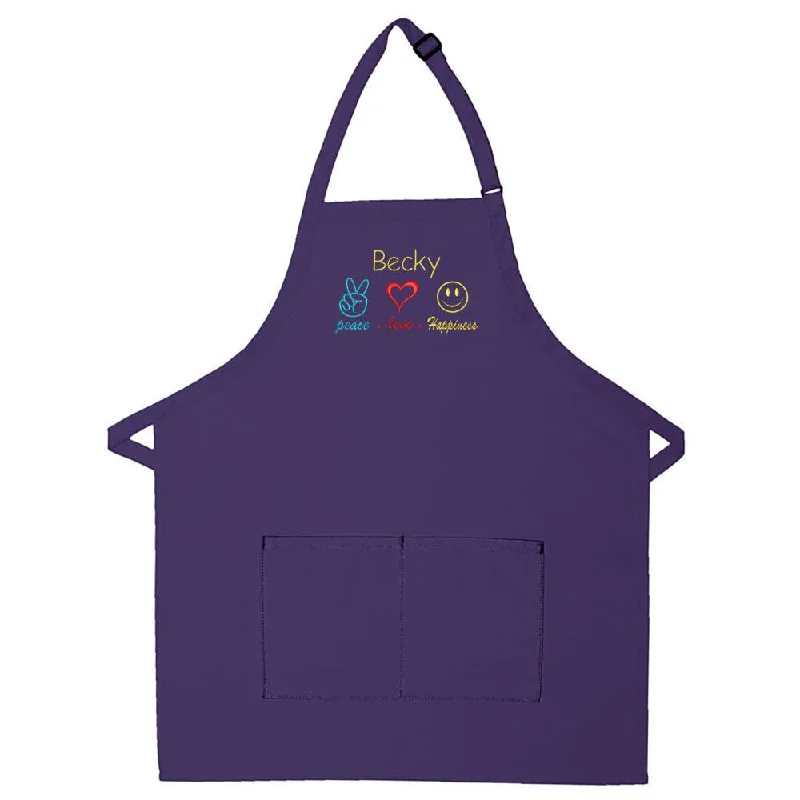 Personalized Apron Embroidered Peace Love Happiness Design Add a Name