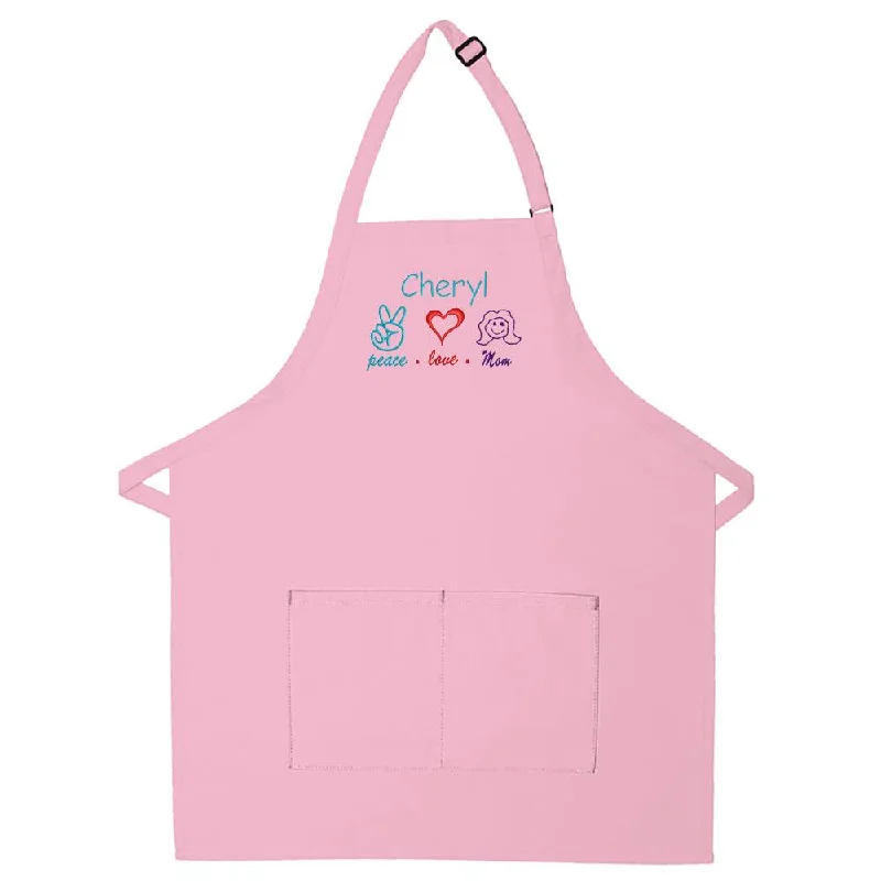 Personalized Apron Embroidered Peace Love Mom Design Add a Name