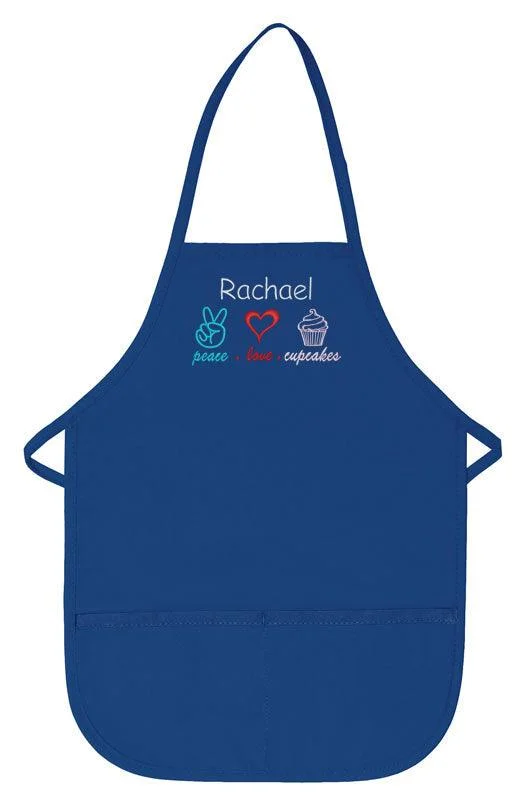 Personalized Child Apron Embroidered Peace Love Cupcake Design Add a Name