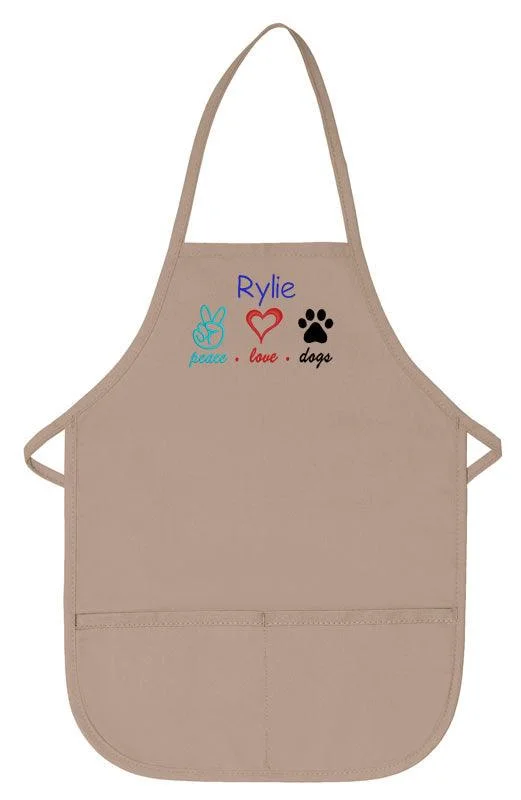 Personalized Child Apron Embroidered Peace Love Dog Design Add a Name