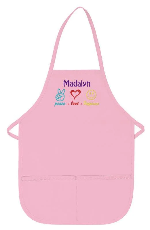 Personalized Child Apron Embroidered Peace Love Happiness Design Add a Name