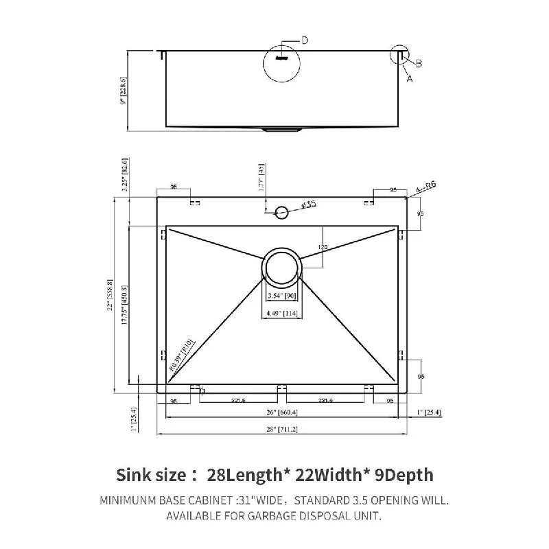 25/28/33 Inch. Undermount Single Bowl 18 Gauge Bowl Stainless Steel Kitchen Sink Basin