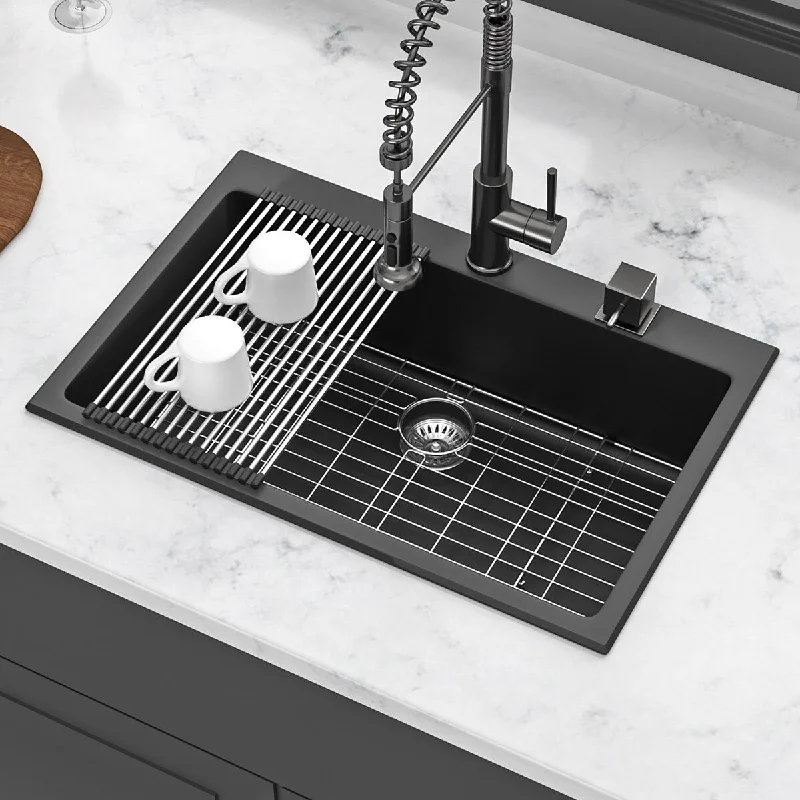 25/33 in. Drop-In Single Bowl Black Quartz Kitchen Sink with Bottom Grids