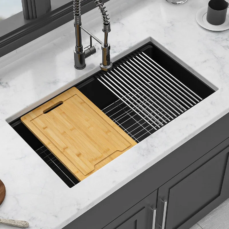 30/32/33 in. Undermount Single Bowl Black Quartz Kitchen Sink with Bottom Grids