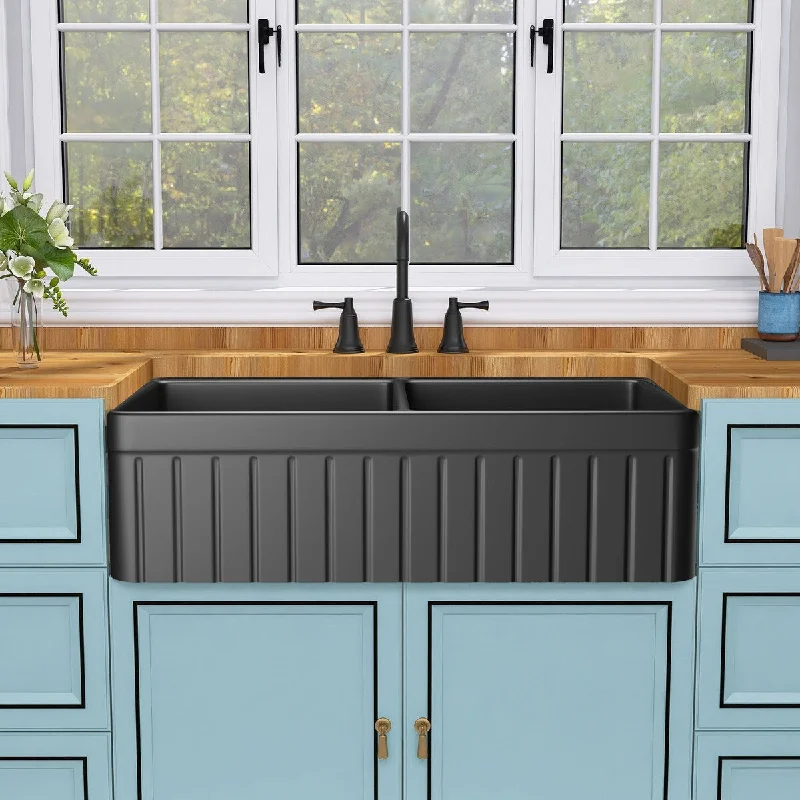 30 in. Farmshouse Double Bowl Black Fireclay Kitchen Sink Basin - 33" x 18"