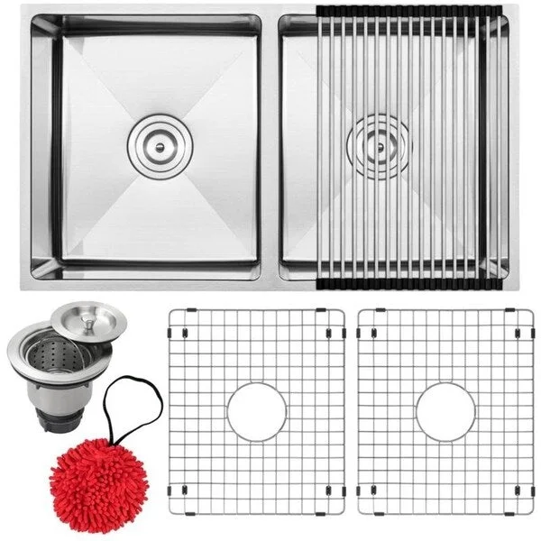 31 1/4" Ticor S6511 Pacific Series 16-Gauge Stainless Steel Undermount 50/50 Ratio Double Basin Kitchen Sink with Accessories