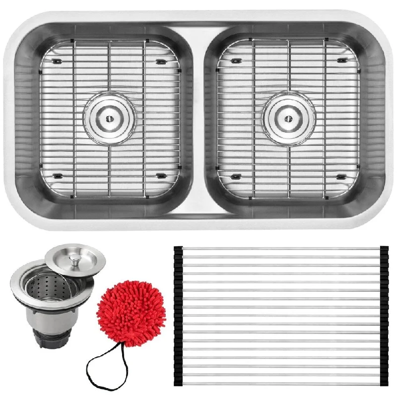 32.5" Ticor L40 18-Gauge Stainless Steel Undermount Double Basin Kitchen Sink with Accessories