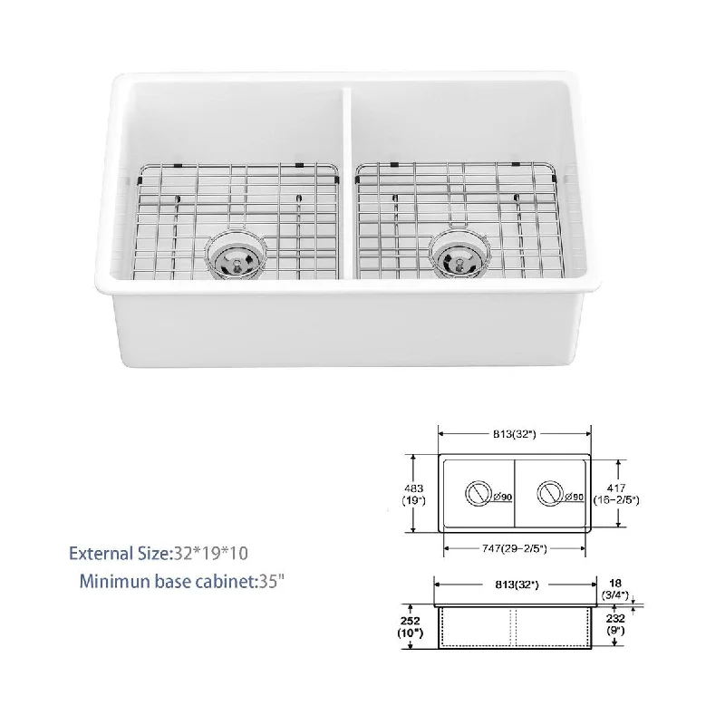 32" Undermount Double Bowl Ceramic Kitchen Sink - 32 x 19