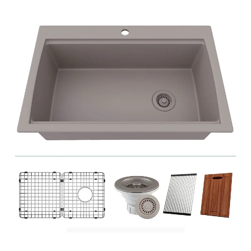 33 Inch Lexicon Platinum Quartz Composite Drop-in Undermount Single Bowl Workstations Concrete Kitchen Sink LP-750TM-C