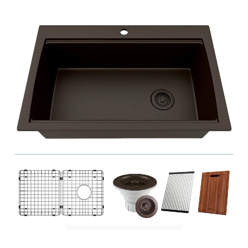 33 Inch Lexicon Platinum Quartz Composite Drop-in Undermount Single Bowl Workstations Mocha Kitchen Sink LP-750TM-M