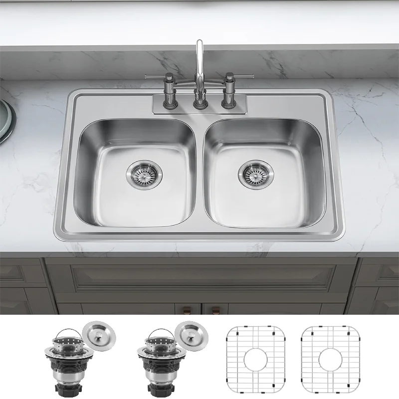 33'' x 22'' PRO Classic Drop in Double Bowl Kitchen Sink,Top Mount 50/50 Stainless Steel Kitchen Sink with Three Faucet Hole