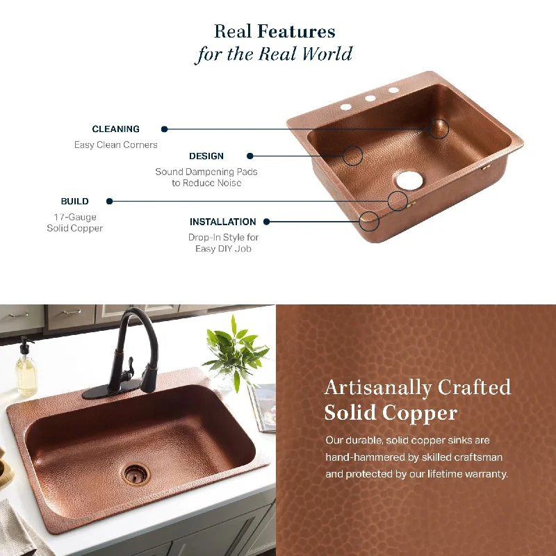 Angelico Copper 25" Drop-In Single Bowl Kitchen Sink (3 Hole) with Maren Bronze Faucet Kit