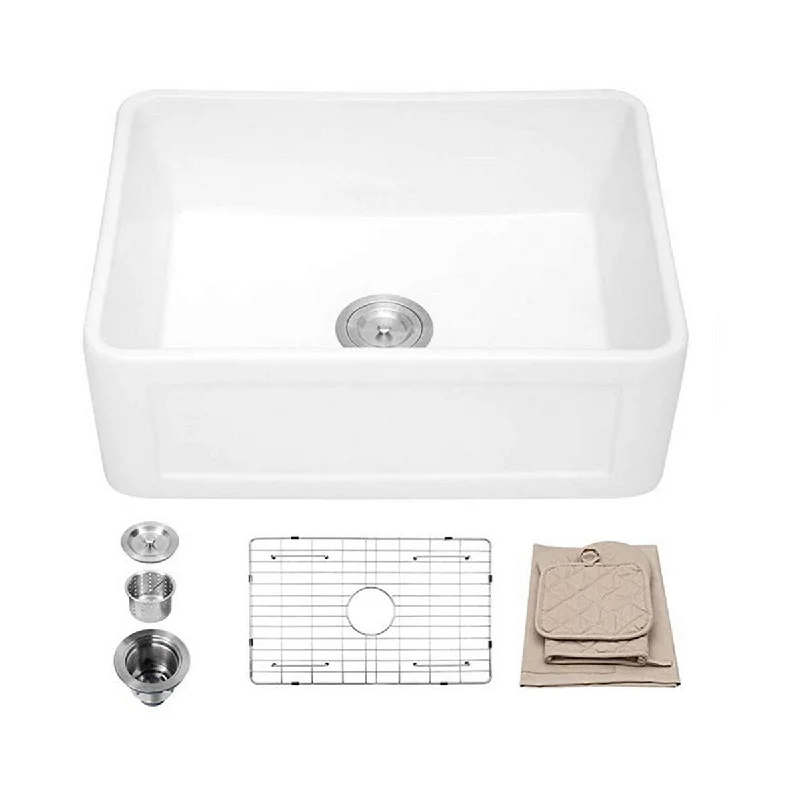 Aurora Decor Fireclay Single Bowl Farmhouse Kitchen Sink - 24 in. Width