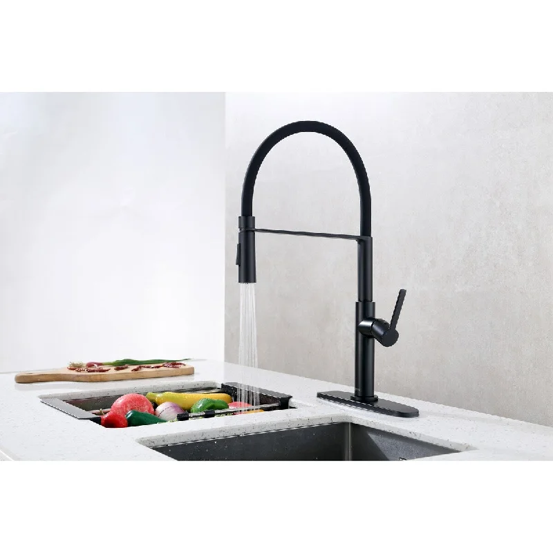 Brass Black Pull Down Single Handle Kitchen Faucet, with Spout Swivels can 360 Degrees and Silicone Soft Spring