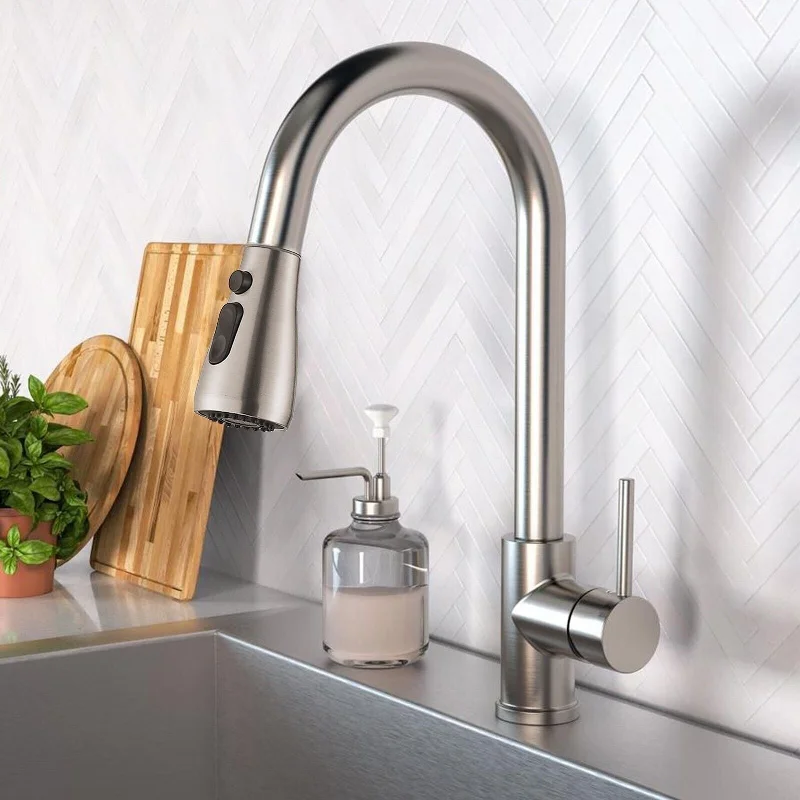 Brushed Nickel Kitchen Faucet with Pull-Down Sprayer