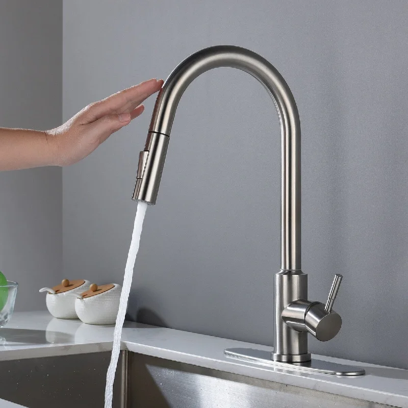 Brushed Nickel Metal Pull Down Touch Single Handle Kitchen Faucet