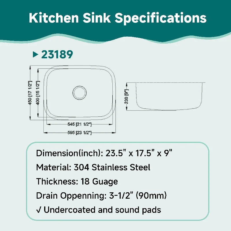 CB HOME 23'' Undermount Kitchen Sink, Stainless Steel Kitchen Sink Single Bowl, Undercounter Kitchen Sink With Basket Strainer