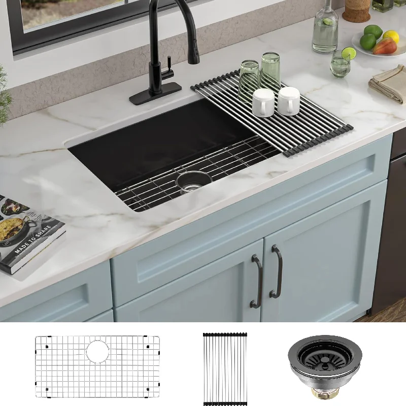 CB HOME 32'' Gold/Black/Sliver Drop in Kitchen Sink with Accessories, Undermount Single Bowl Sink with Grid&Roll up Rack&Drainer