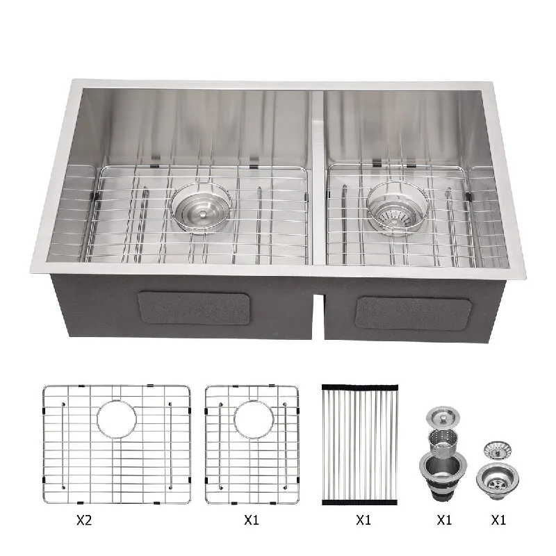 Childs 16-Gauge Rectangular Undermount Double Bowl Kitchen Sink - 33 x 19