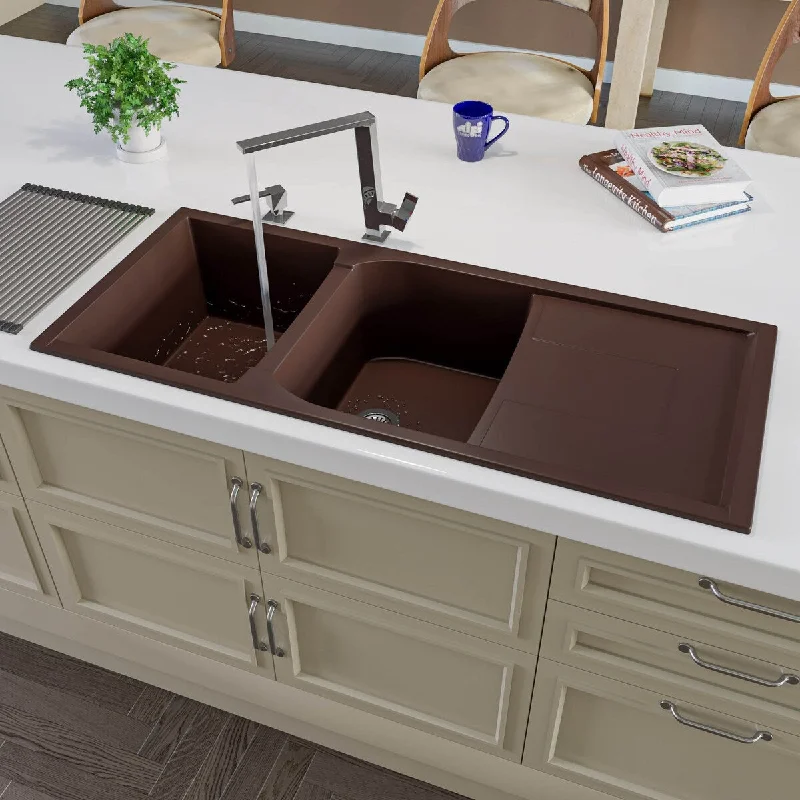 Chocolate 46" Double Bowl Granite Composite Kitchen Sink with Drainboard - Brown