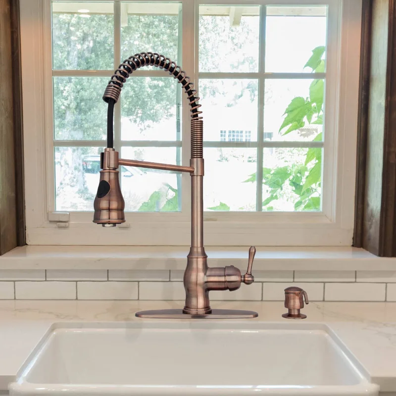 Copper Pre-Rinse Spring Kitchen Faucet Single Level Handle and Pull Down Sprayer