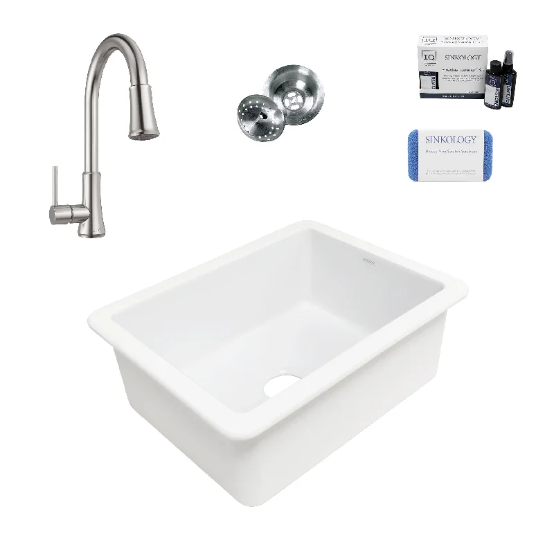 Eden Crisp White Fireclay 23" Undermount Single Bowl Kitchen Sink with Pfirst Faucet Kit