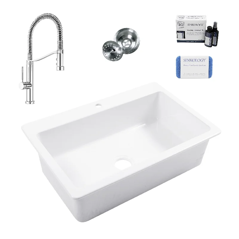 Jackson Crisp White Fireclay 33" Single Bowl Drop-In Kitchen Sink (1 Hole) with Bruton Chrome Faucet Kit