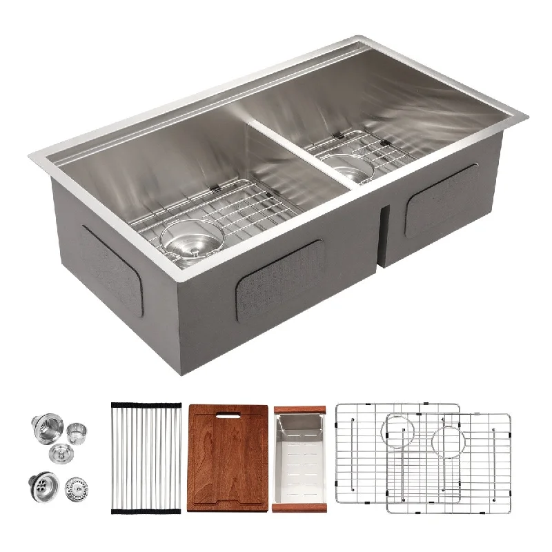 Kichae Double Bowl Workstation Sink 33 inch Undermount Kitchen Sink - 33"x19"x10"