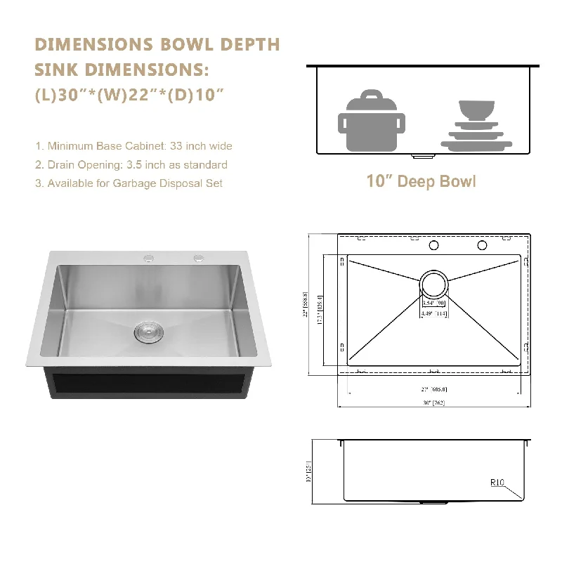 Kichae Robust Drop-in Kitchen Sink 30/33 inch Stainless Steel Kitchen Sink with Wide Flange