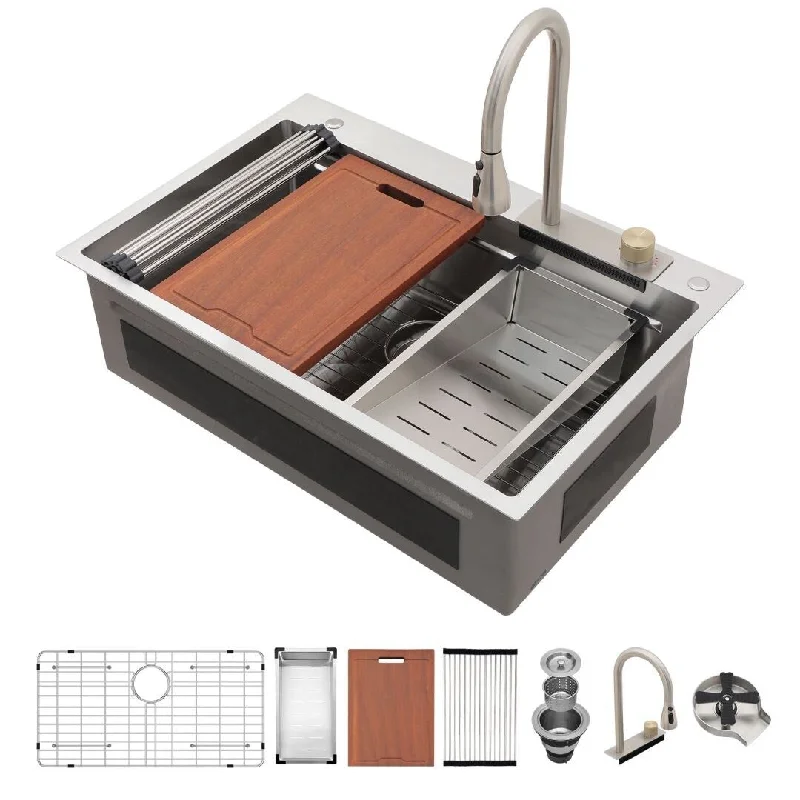 Kichae Waterfall Kitchen Sink 16 Gauge Drop in Workstation Sink with Cup Washer - 33"x22"x10"