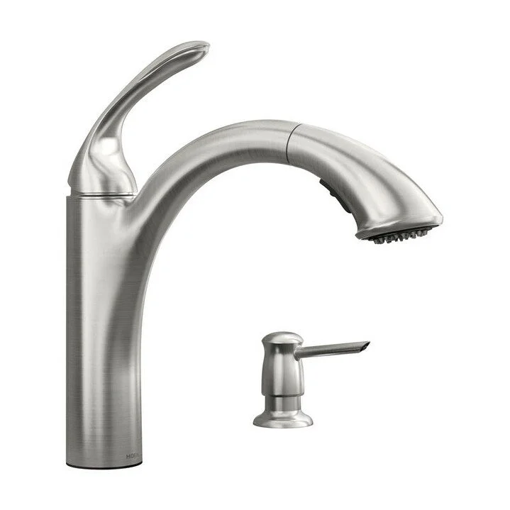 Kinzel Spot Resist Stainless One-Handle Low Arc Pullout Kitchen Faucet with Soap Dispenser