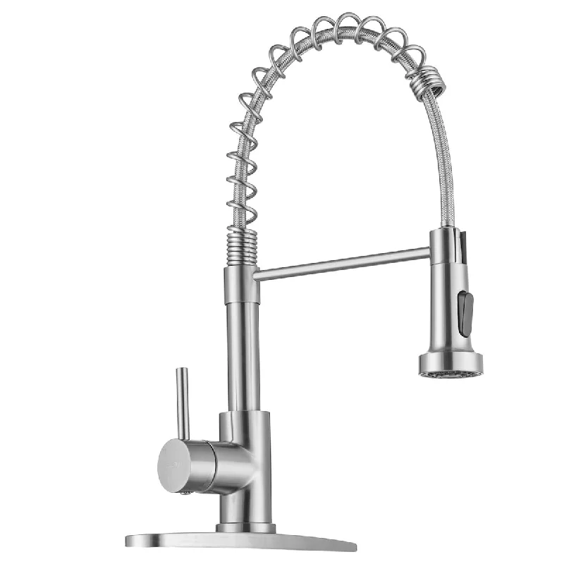 Kitchen Sink Faucet with Pull Down Sprayer, Industrial Spring Single Handle Kitchen Faucet with Deck Plate, 1 Hole or 3 Hole