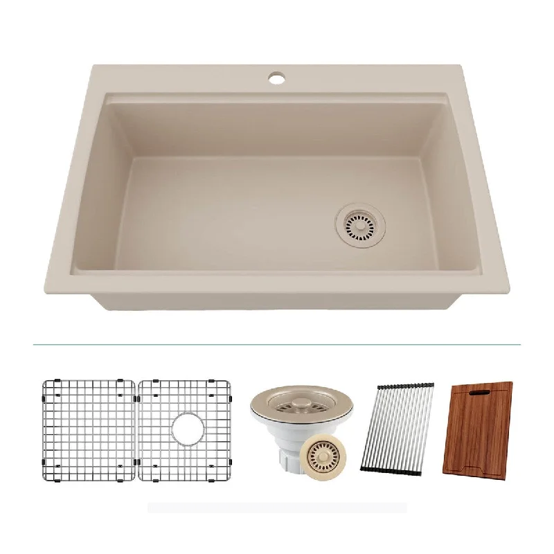 Lexicon 33 Inch Platinum Quartz Composite Drop-in Undermount Single Bowl Workstation Beige Kitchen Sink LP-750TM-B