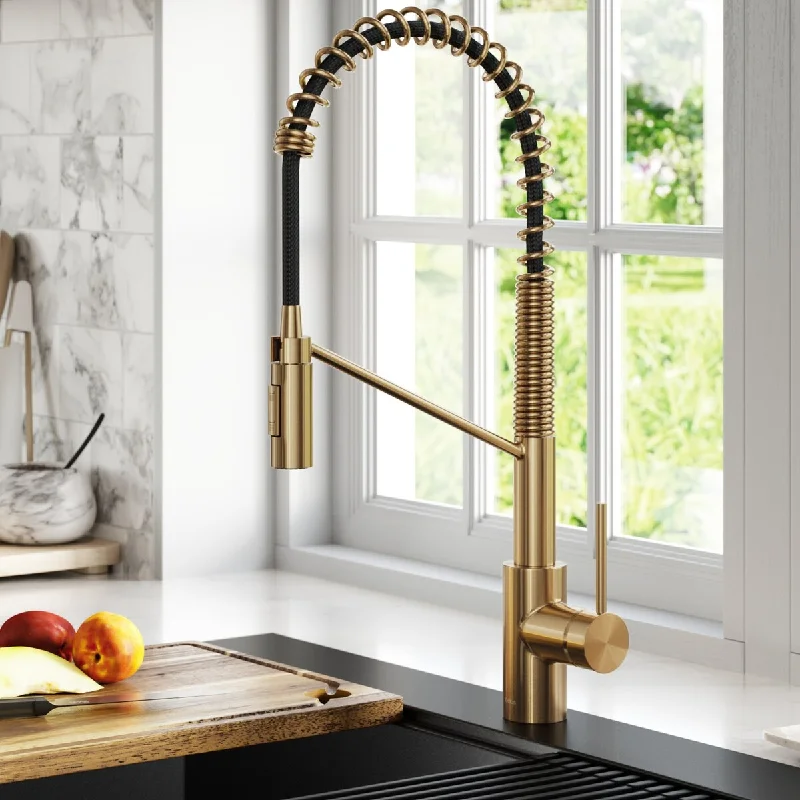 Oletto Commercial Style Pull-Down Single Handle Kitchen Faucet with QuickDock Top Mount Installation Assembly in Brushed Brass