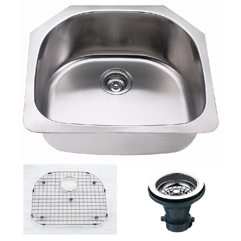 Premium Undermount 18 Gauge Stainless Steel 23.5" Single Bowl Kitchen Sink with Grid and strainer