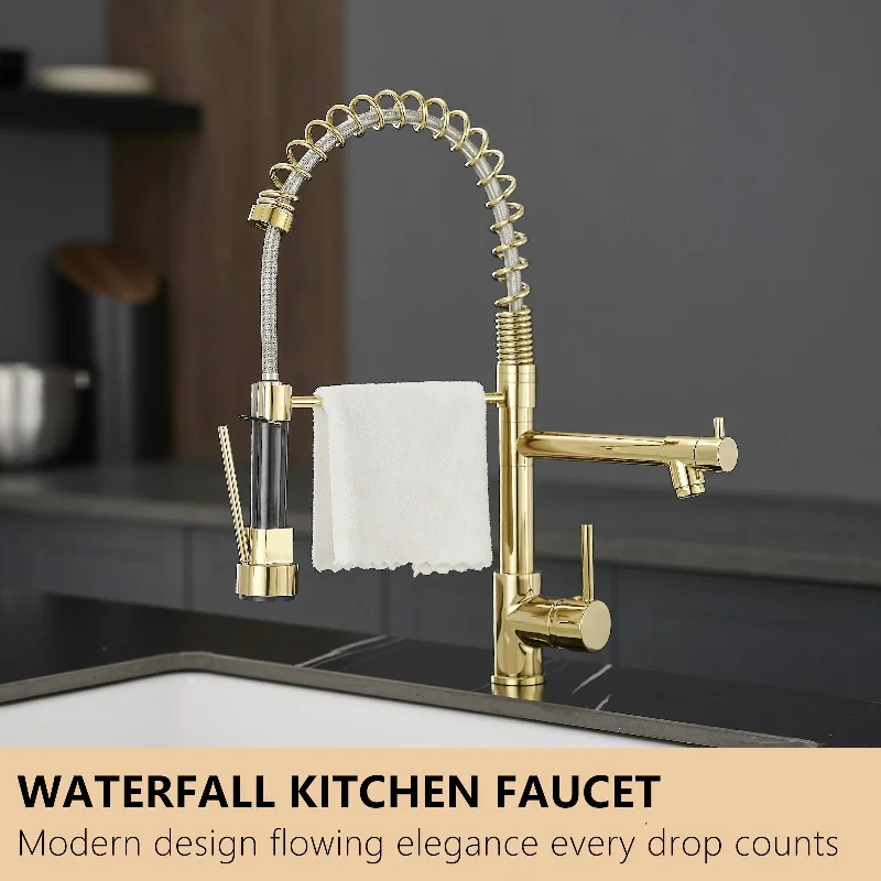 Pull-Down Sprayer Kitchen Faucet With 360 degree swivel sprayer in Gold