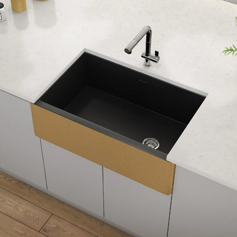 Ruvati 30-inch Matte Black and Gold Fireclay Modern Farmhouse Offset Drain Kitchen Sink Single Bowl RVL4018GRG - 8' x 11'