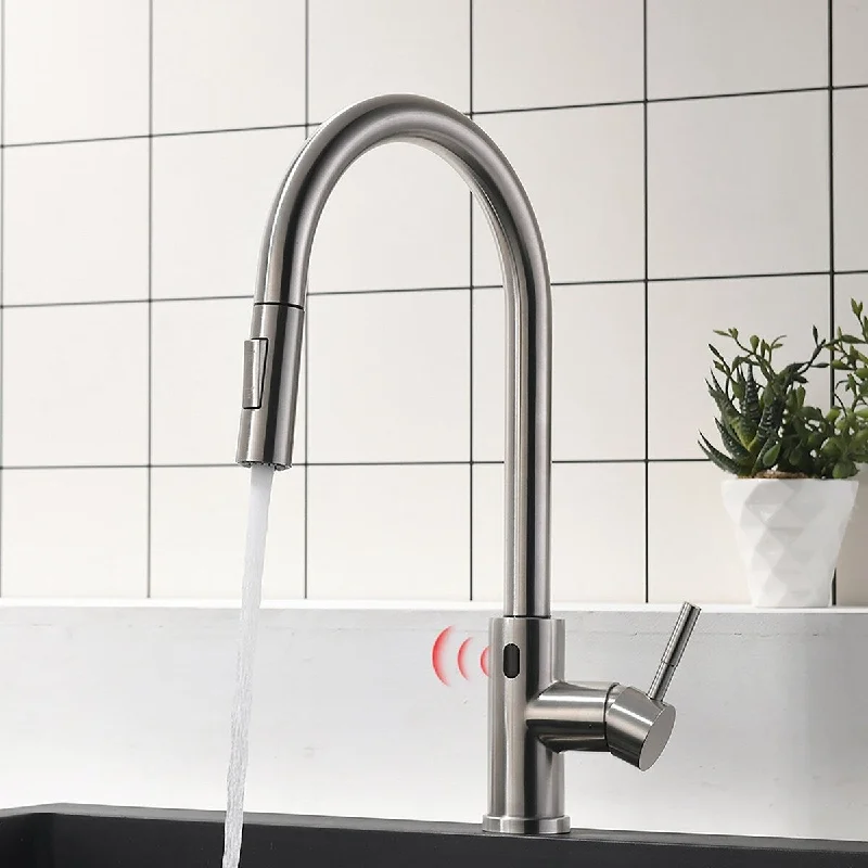 Single Handle Automatic Smart Pull Down Sprayer Kitchen Faucet in Brushed Nickel - 4'' x 9''