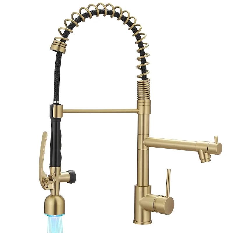 Single Handle High Arc Brushed Gold Pull Down Kitchen Faucet LED,Single Level Kitchen Sink Faucets with Pull Down Sprayer