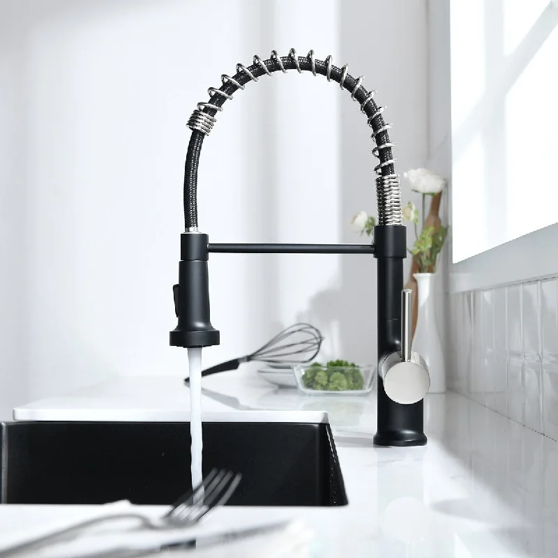 Single Handle High Arc Pull Out Sprayer Kitchen Faucet in Black and Silver - 4.32'' x 10.03''