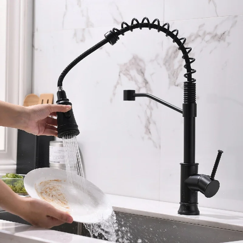 Single Handle High Arc Pull Out Sprayer Kitchen Faucet in Matte Black - 4.24'' x 11.37''