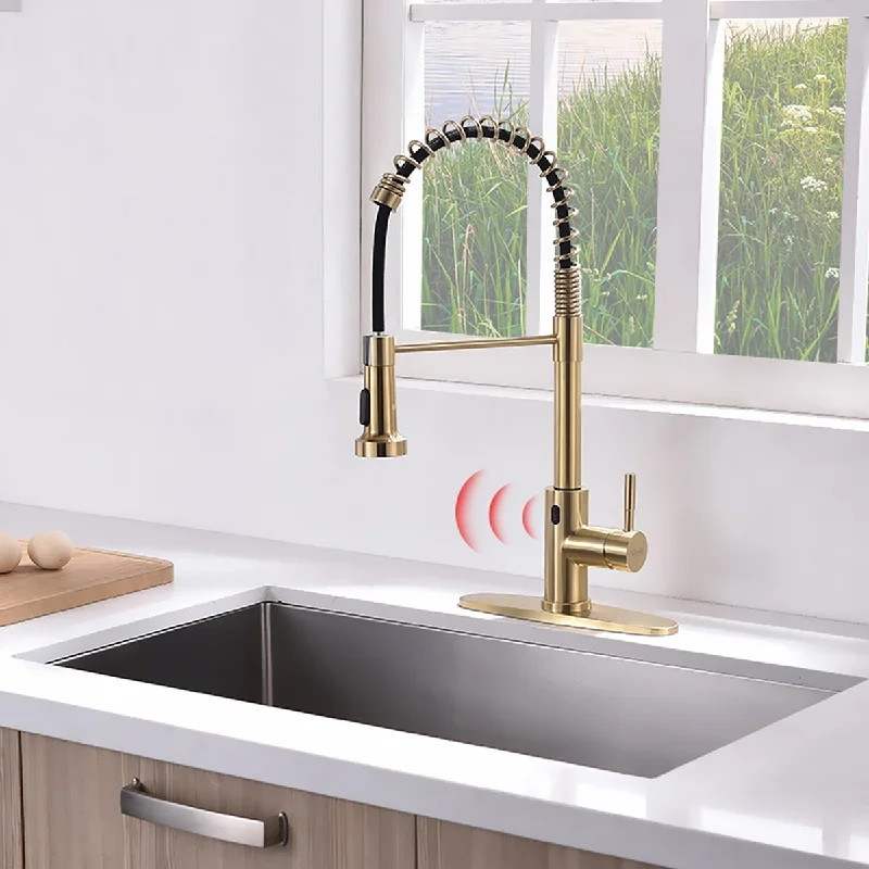 Single Handle Pull Out Sprayer Automatic Smart Kitchen Faucet in Brushed Gold - 10'' x 8.5''