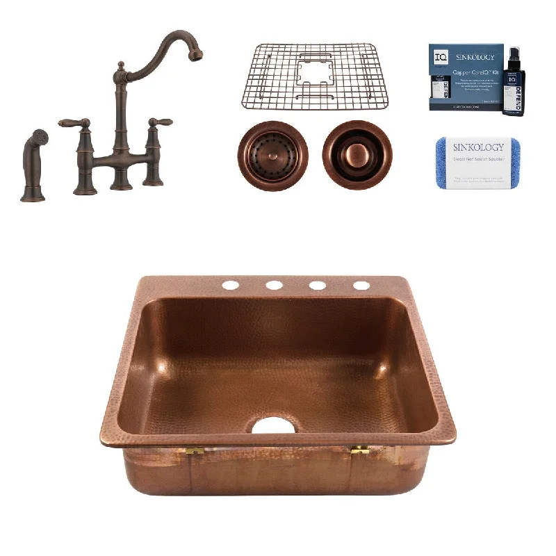 Sinkology Angelico Copper 25" Single Bowl Drop-In Kitchen Sink with Bridge Faucet Kit