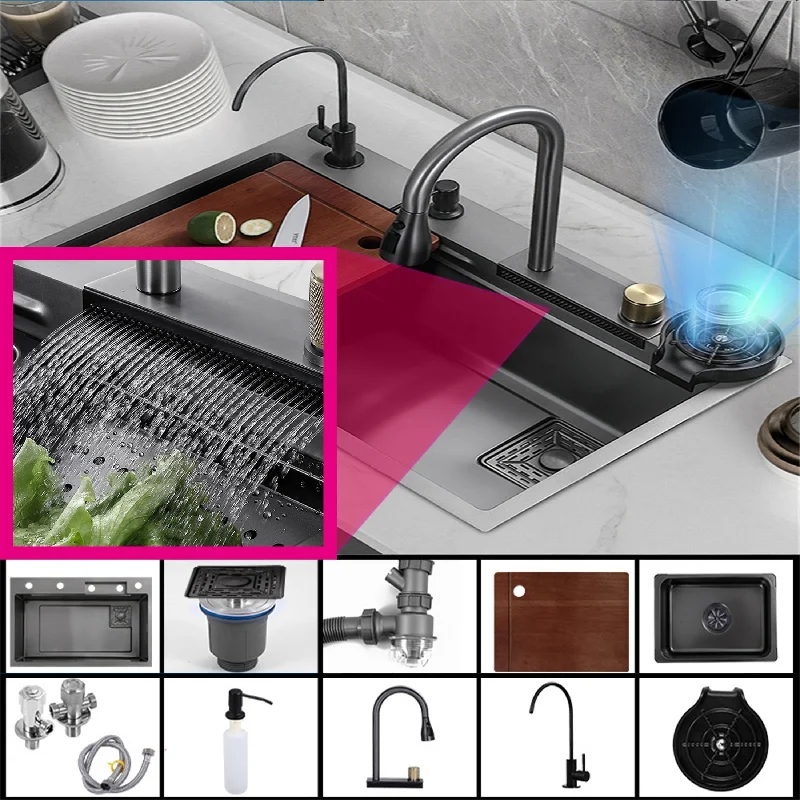 Stainless Steel Drop in Kitchen Sink Waterfall Faucet and Accessories