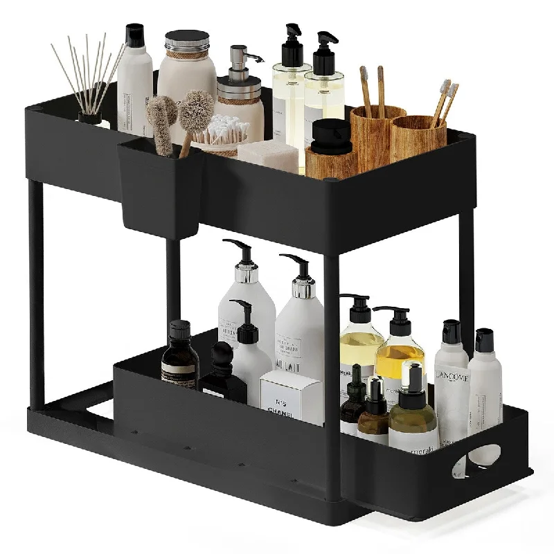 StorageBud 2 Tier Under Kitchen Sink Organizer with Sliding Drawer-Bathroom Cabinet Organizer with Utility Hooks and Side Caddy