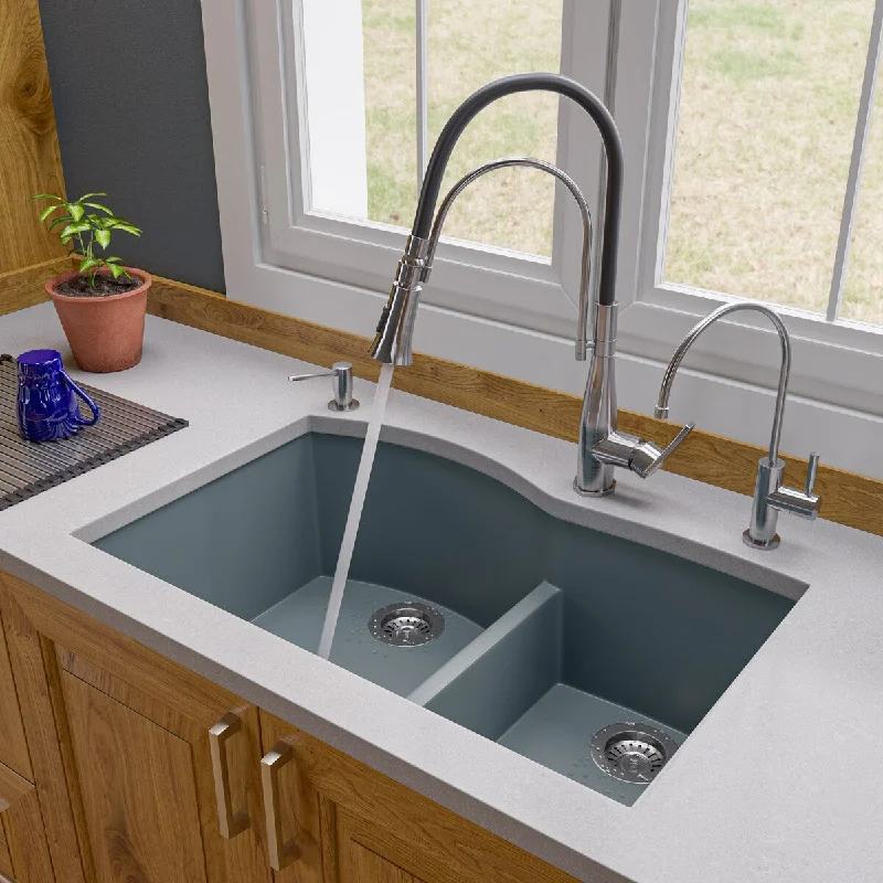 Titanium 33" Double Bowl Undermount Granite Composite Kitchen Sink - Silver