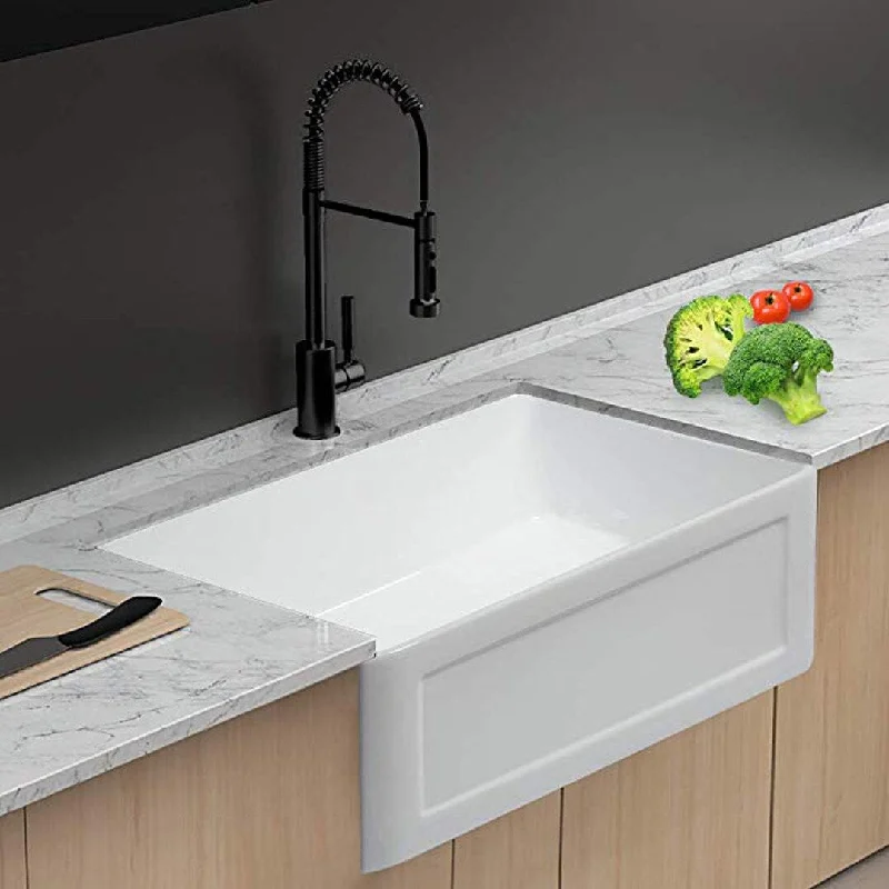 White Fireclay Ceramic Rectangle Farmhouse Single Bowl Kitchen Sink - 30 in. Width