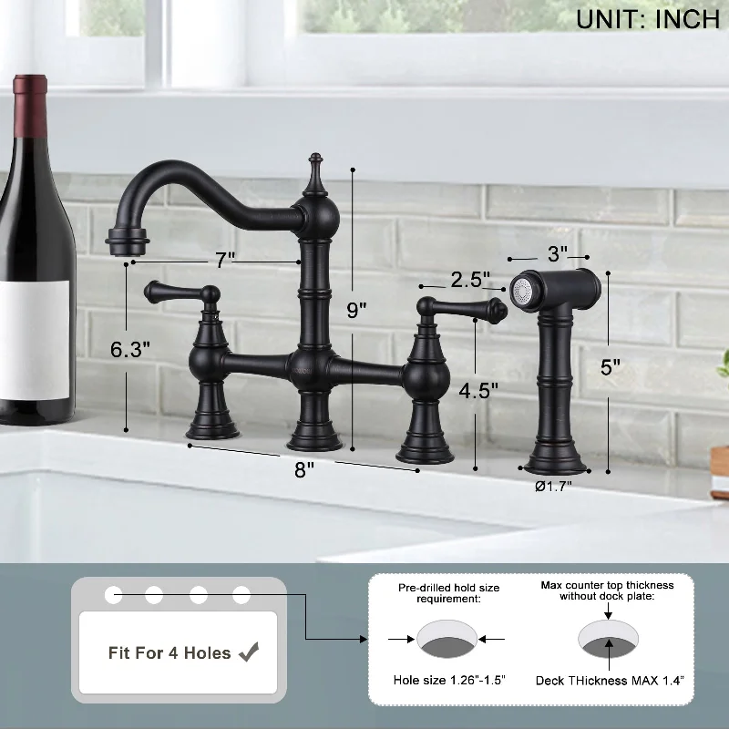 WOWOW Double Handle Bridge Kitchen Faucet with Side Sprayer