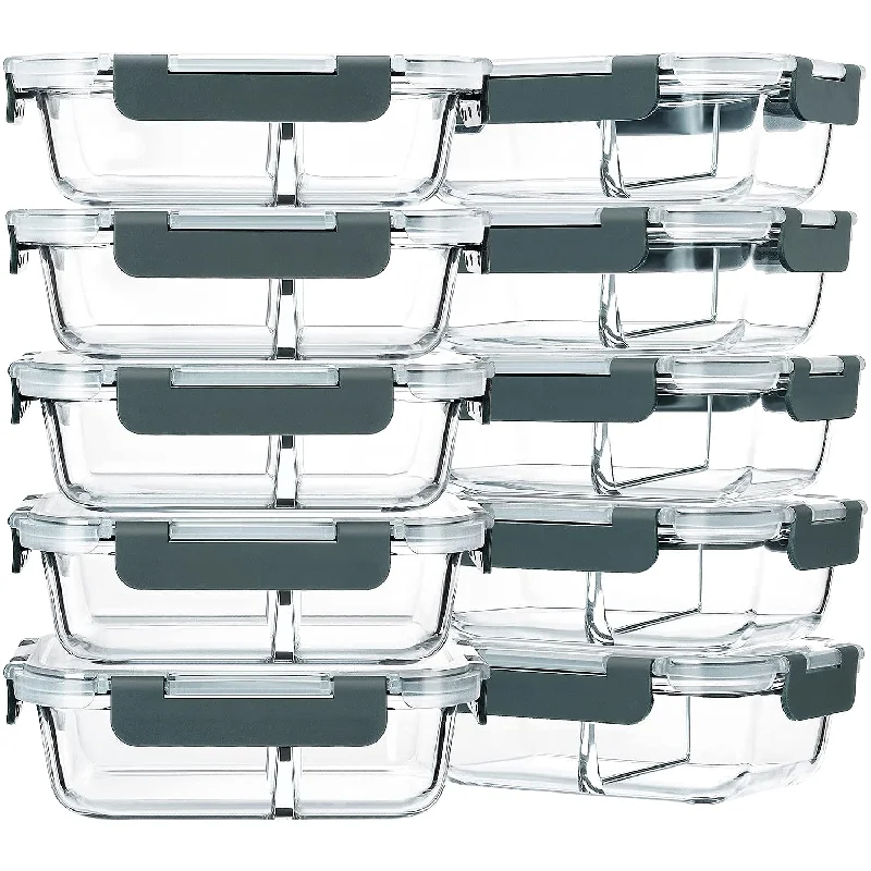 [10-Pack,22 Oz Glass Meal Prep Containers 2 Compartments, Airtight Glass Lunch Bento Boxes With Lids, Glass Food Storage Containers, Bpa-Free, Microwave, Oven, Freezer And Dishwasher